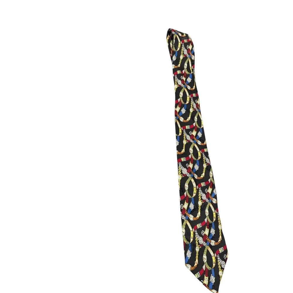 Nicole Miller Wristwatch Print Tie Necktie Men Black Vintage Y2K 1997 Silk Craft